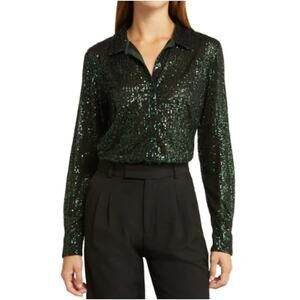 NEW OPEN EDIT NORDSTROM Green Botanical Sequin Button Up Shirt Size M
